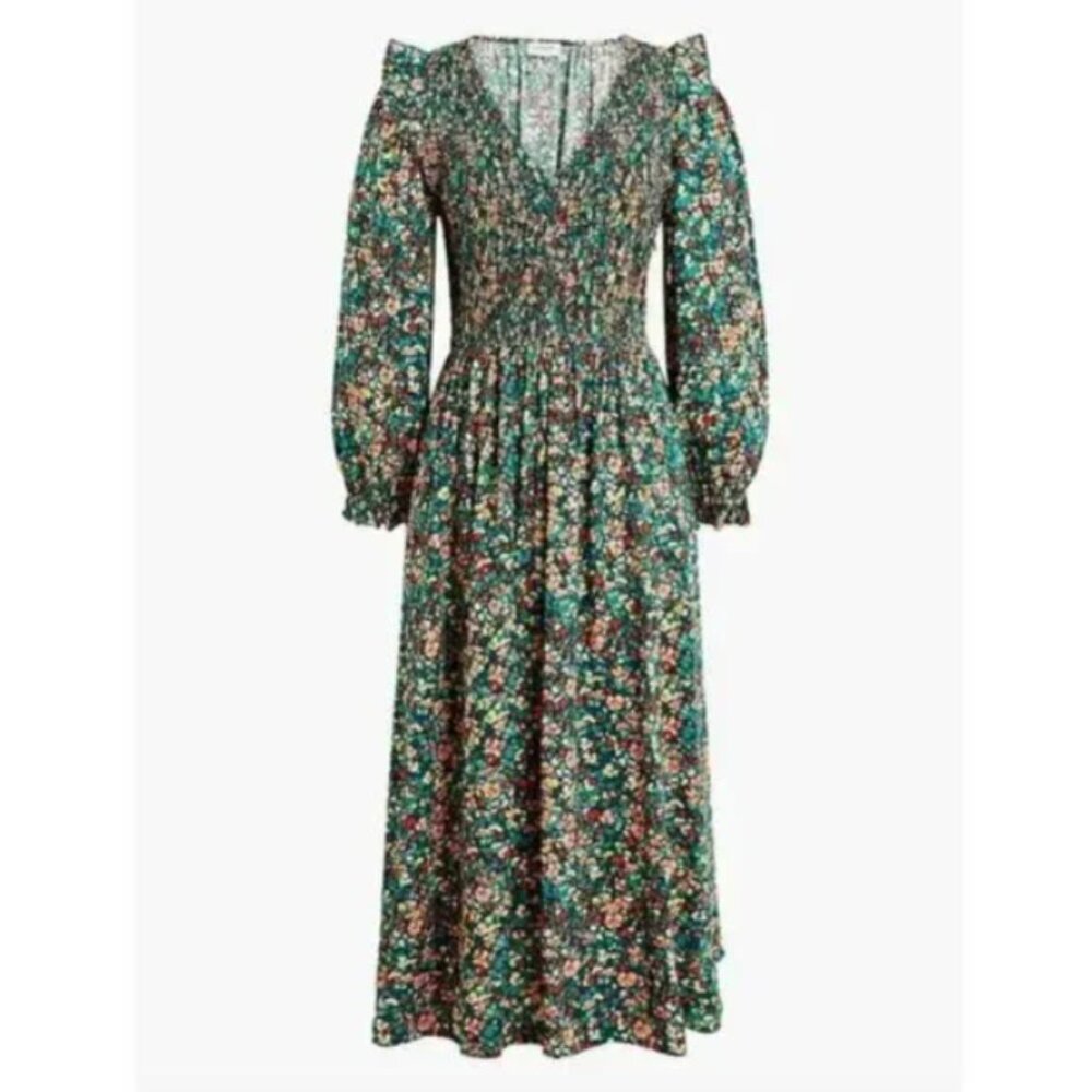 J. Crew V-Neck Smocked Midi Dress Green Floral Ruffle Shoulder Long‎ Sleeve XS